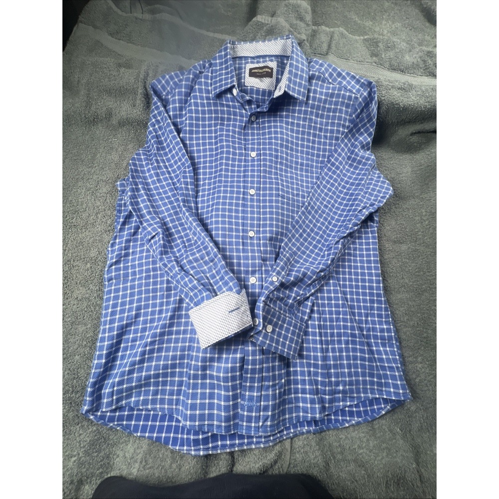 Johnston Murphy‎ Shirt Mens Large Blue White Check Tailored Fit Dress Button Up